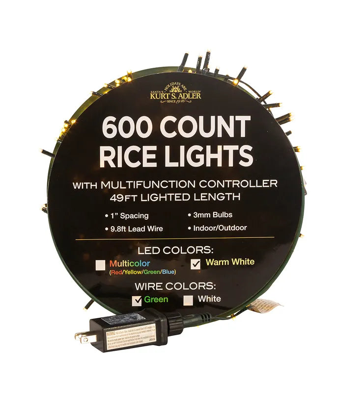 49' 600-Light Warm White 3MM LED Multifunction Rice Lights With Green Wire