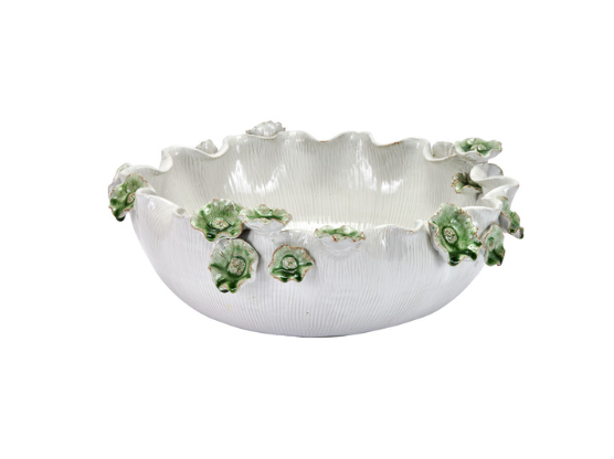 15" Original Handmade Ceramic White Bowl With Green Flowers