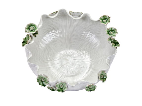 15" Original Handmade Ceramic White Bowl With Green Flowers