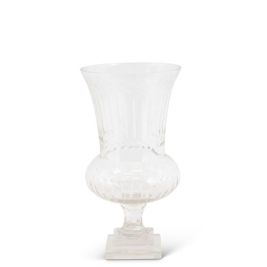 Etched Laurel Clear Glass Vase on Pedestal