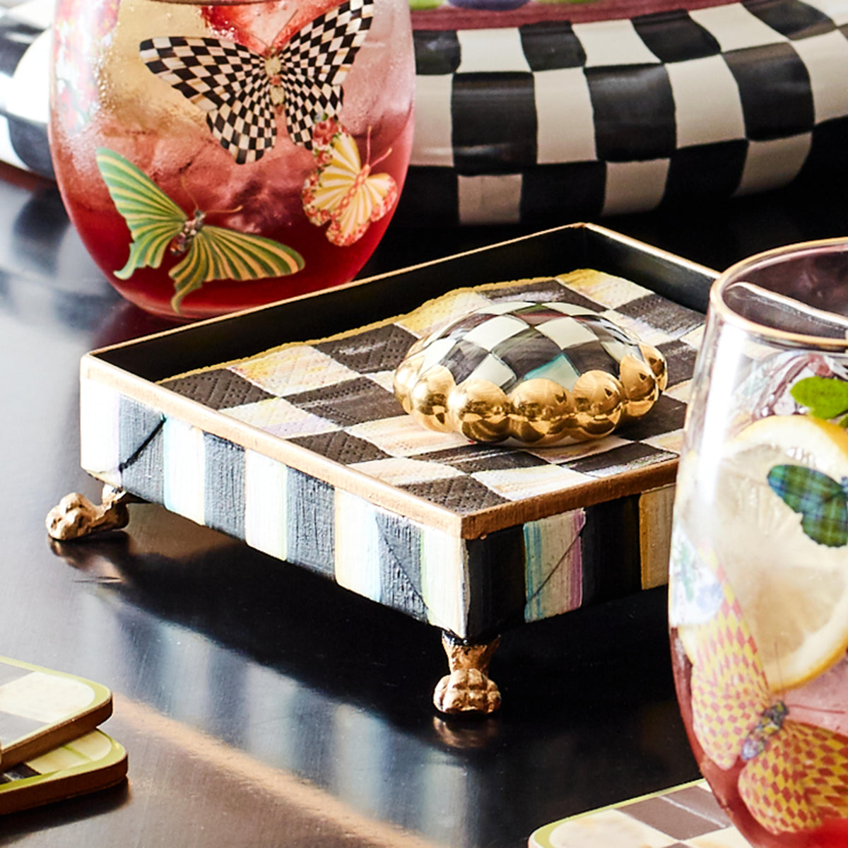 Courtly Check Cocktail Napkin Holder Set - Gold