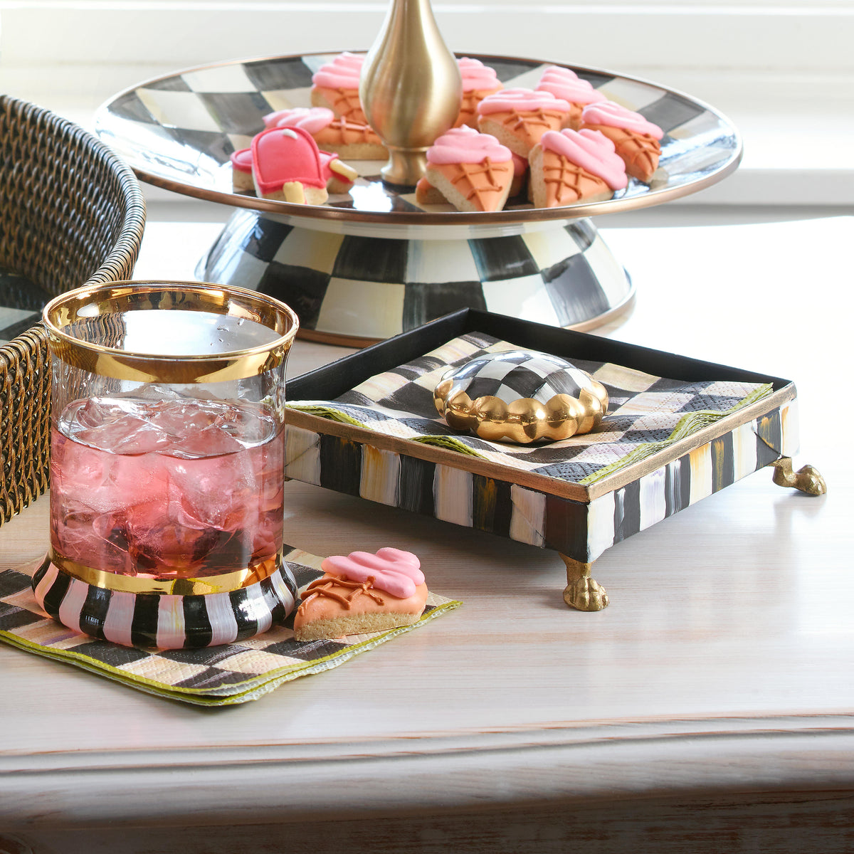 Courtly Check Cocktail Napkin Holder Set - Gold