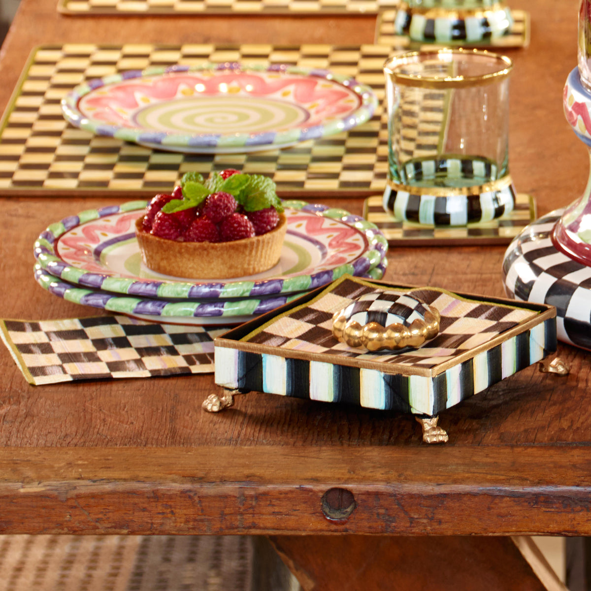 Courtly Check Cocktail Napkin Holder Set - Gold