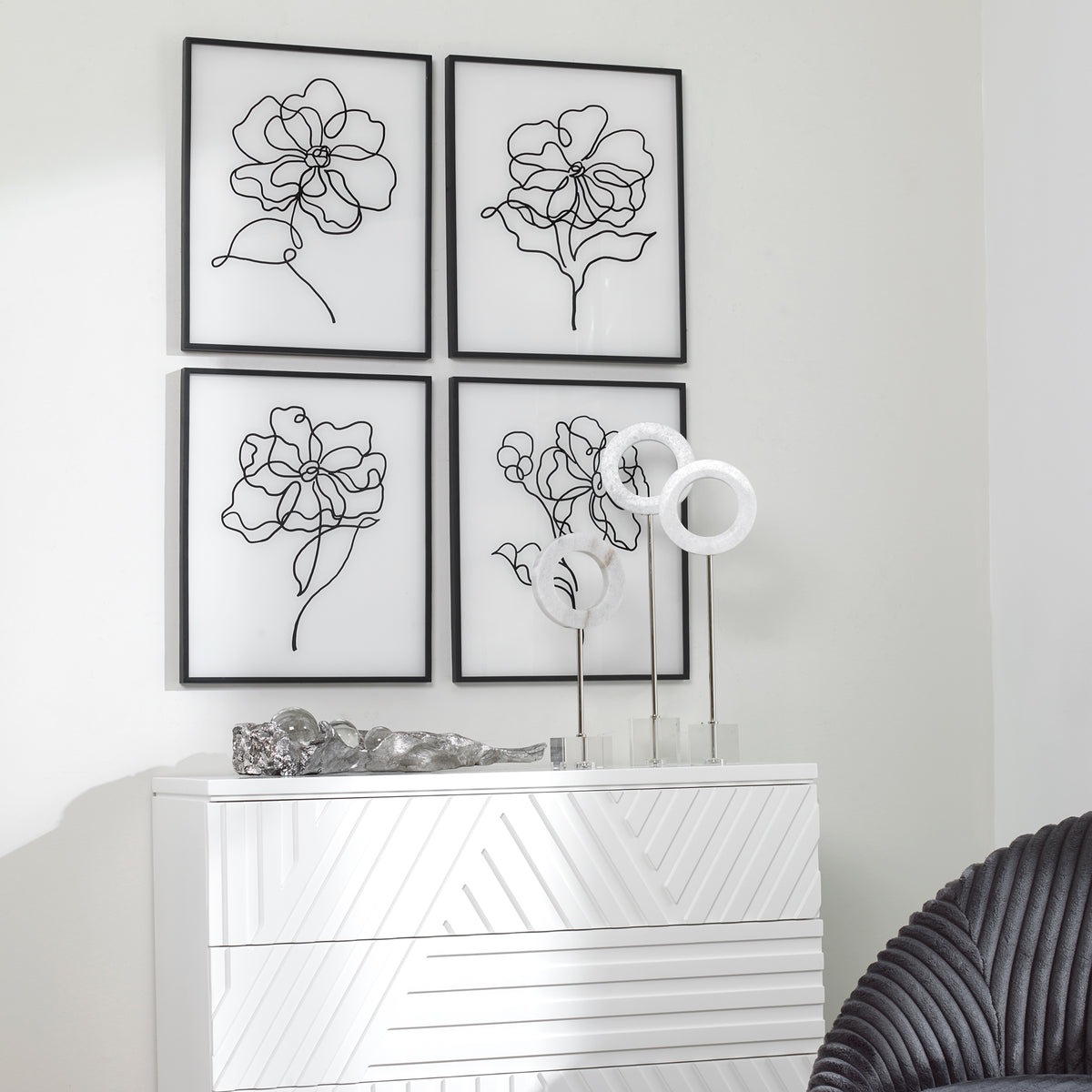 Bloom Black White Framed Prints, S/4