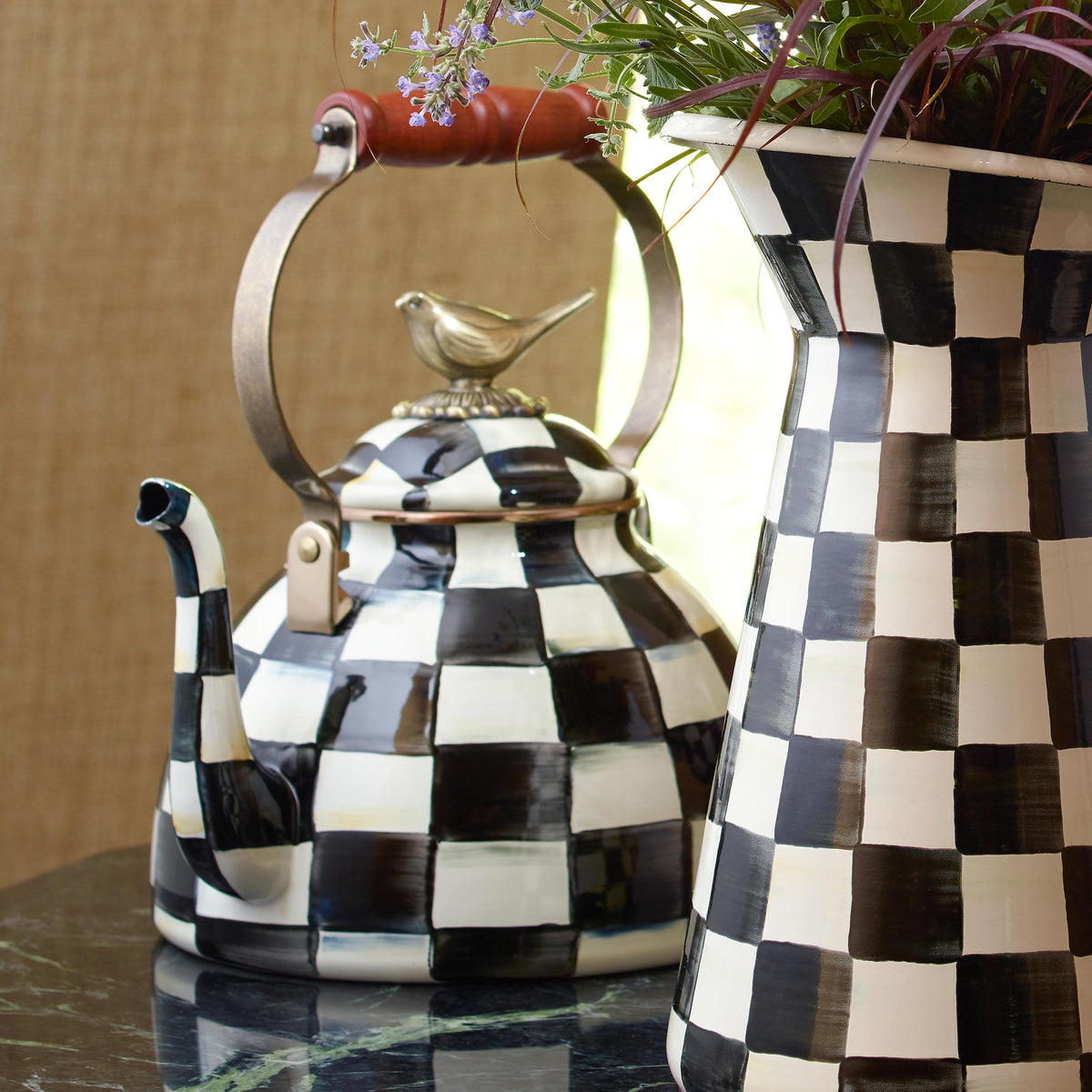 Courtly Check Enamel 3 Qt. Tea Kettle with Bird
