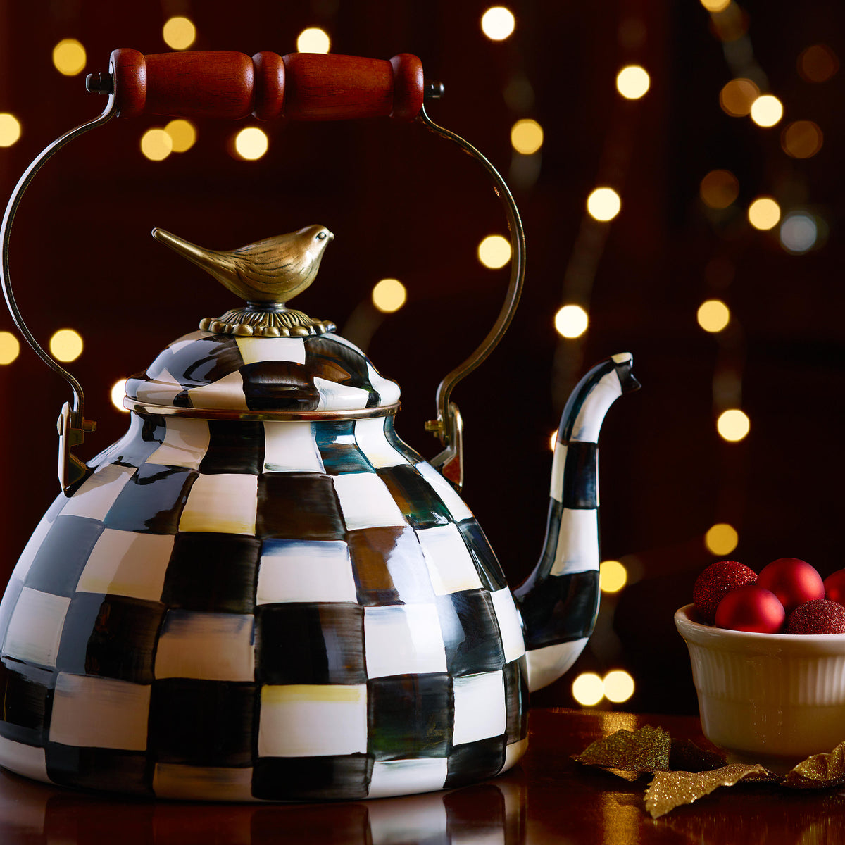 Courtly Check Enamel 3 Qt. Tea Kettle with Bird