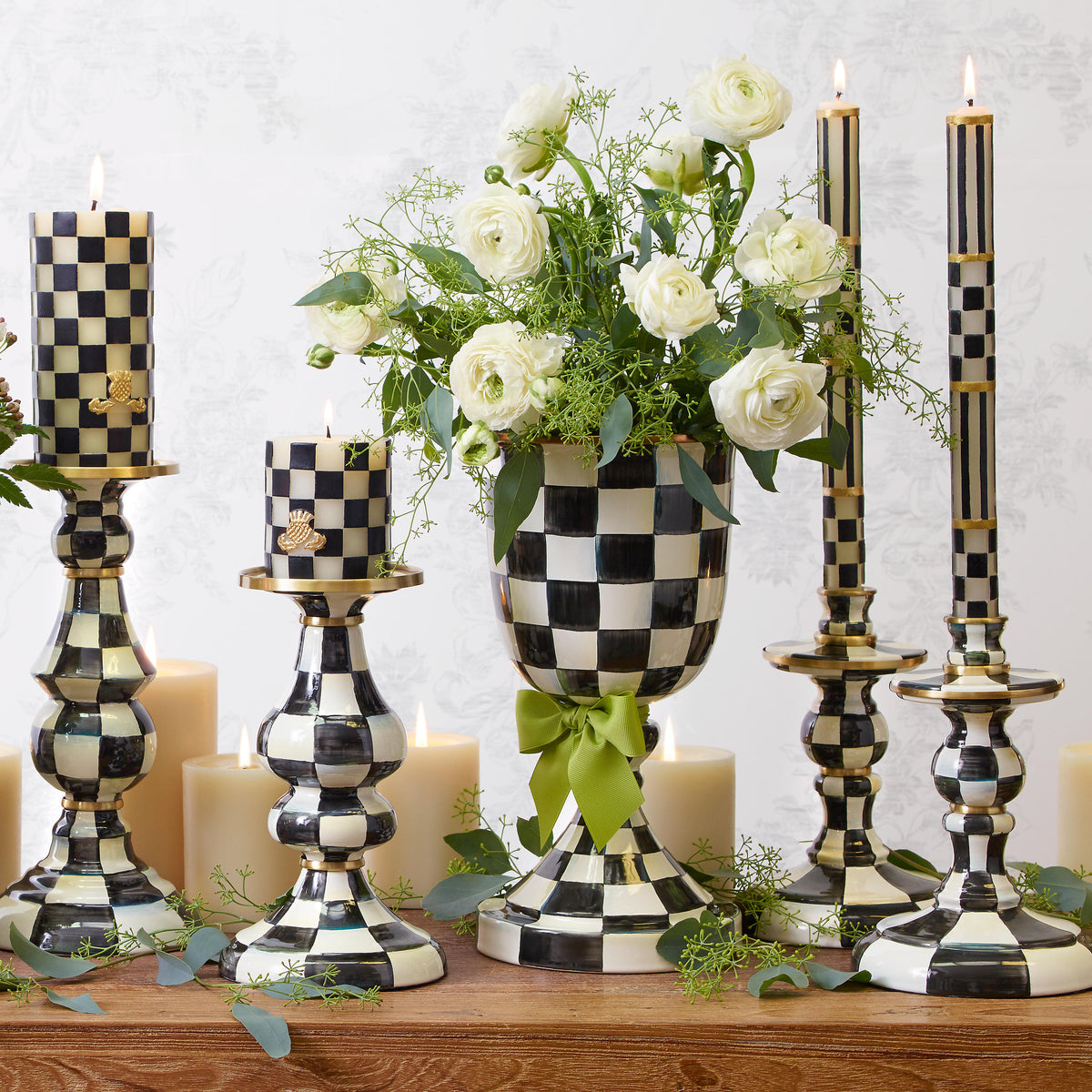 Courtly Check Enamel Pedestal Vase - Green Bow