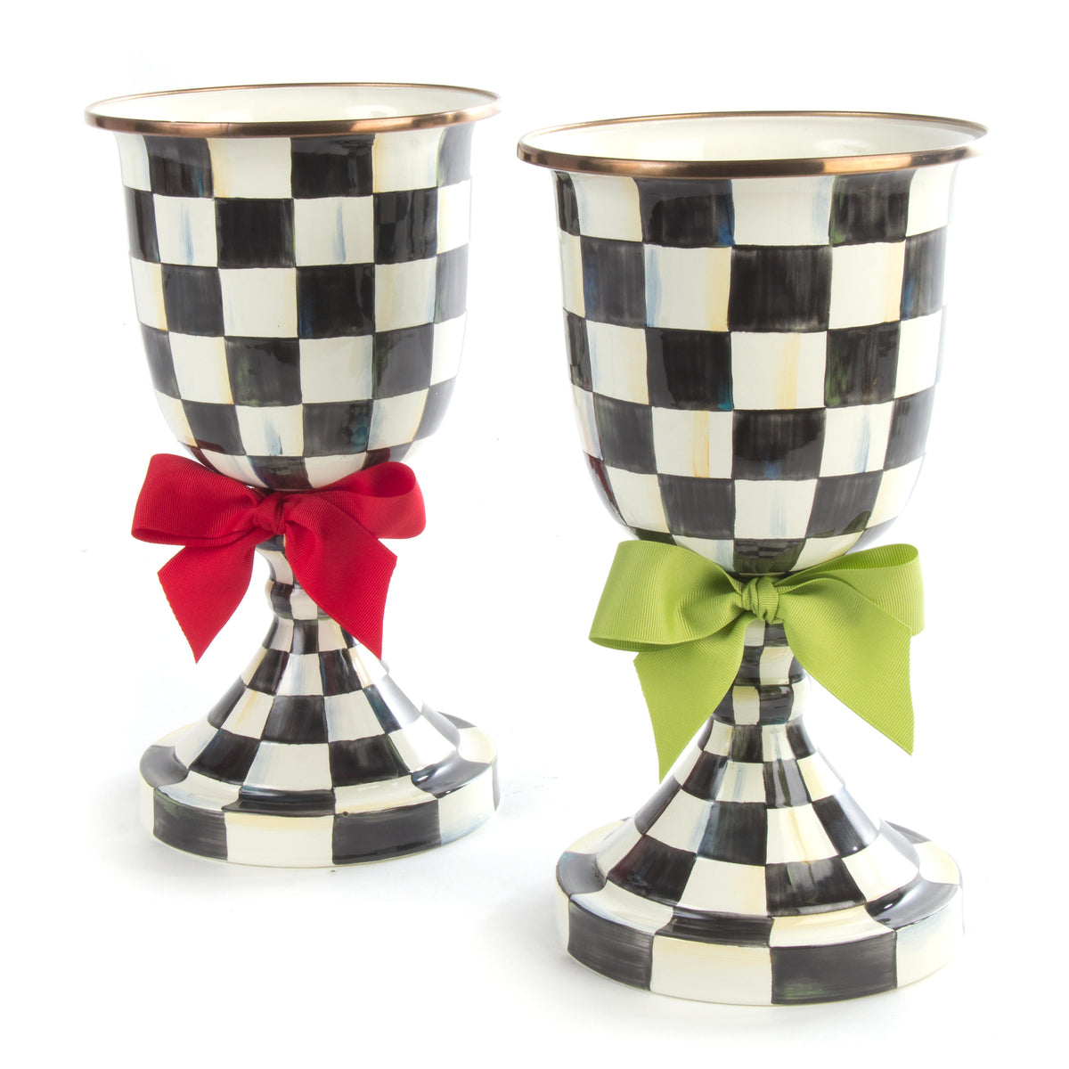 Courtly Check Enamel Pedestal Vase - Green Bow