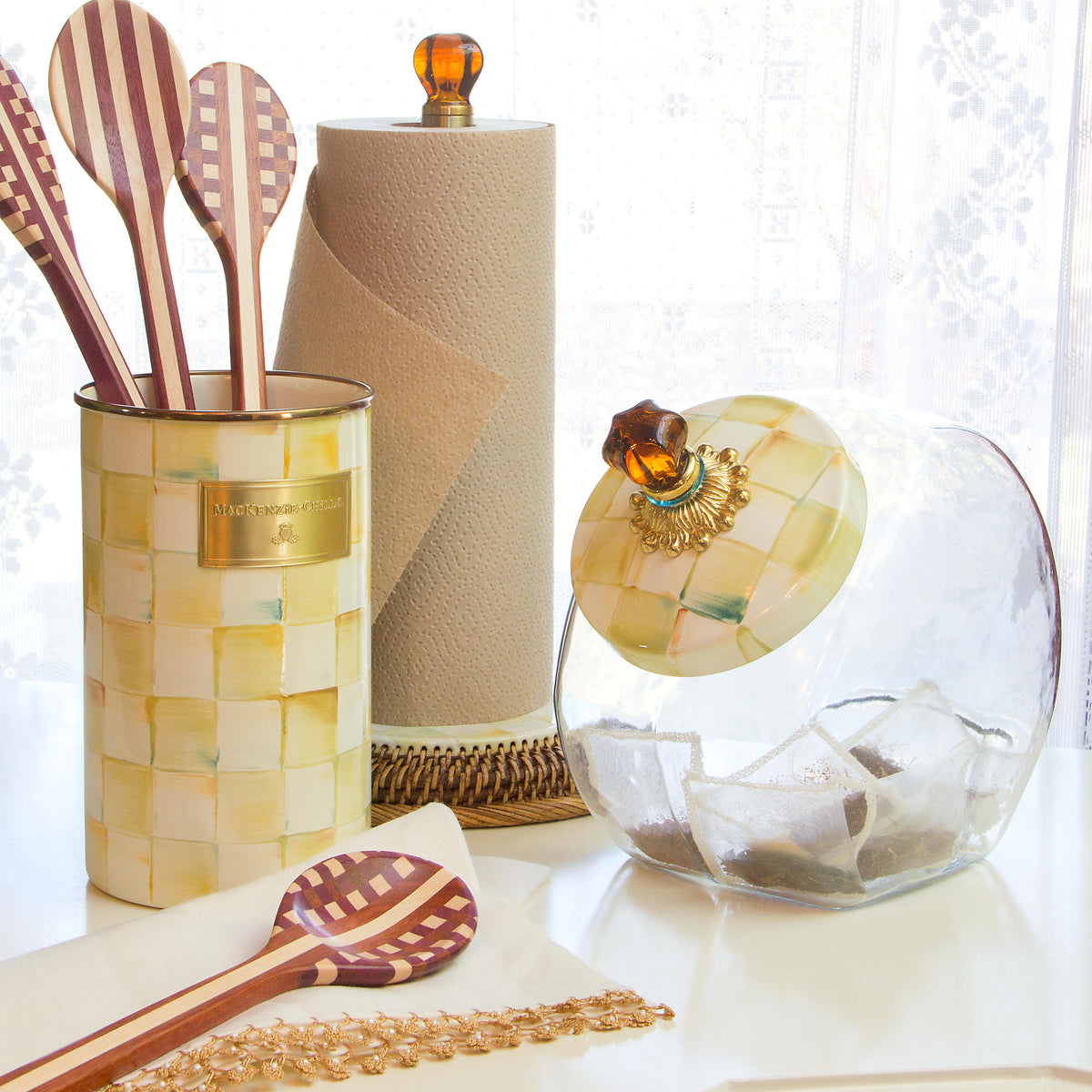 Parchment Check Enamel Utensil Holder