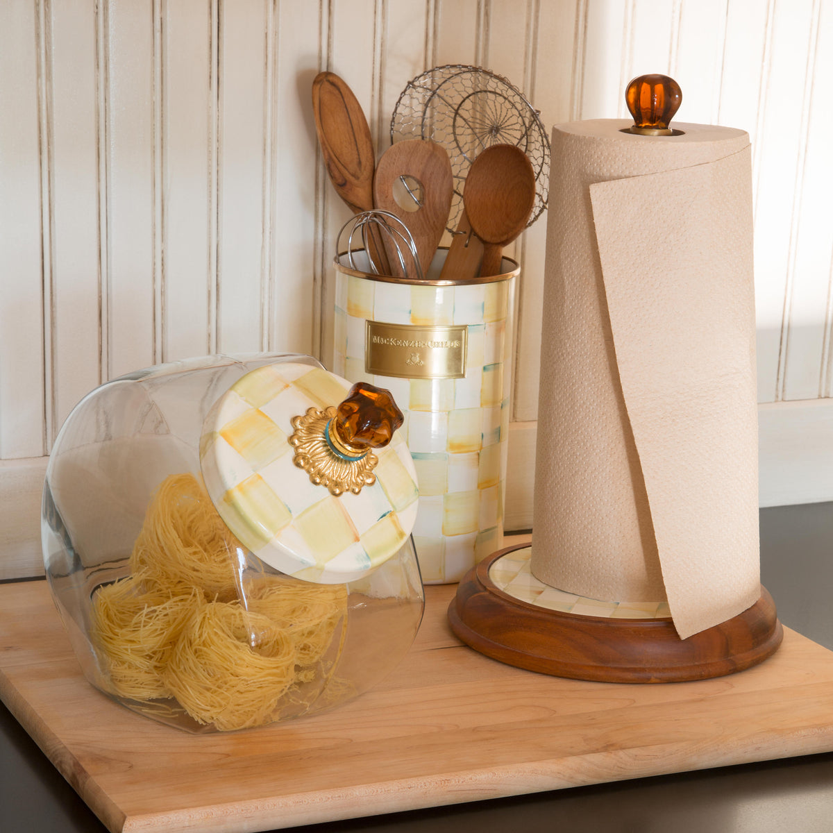 Parchment Check Enamel Utensil Holder