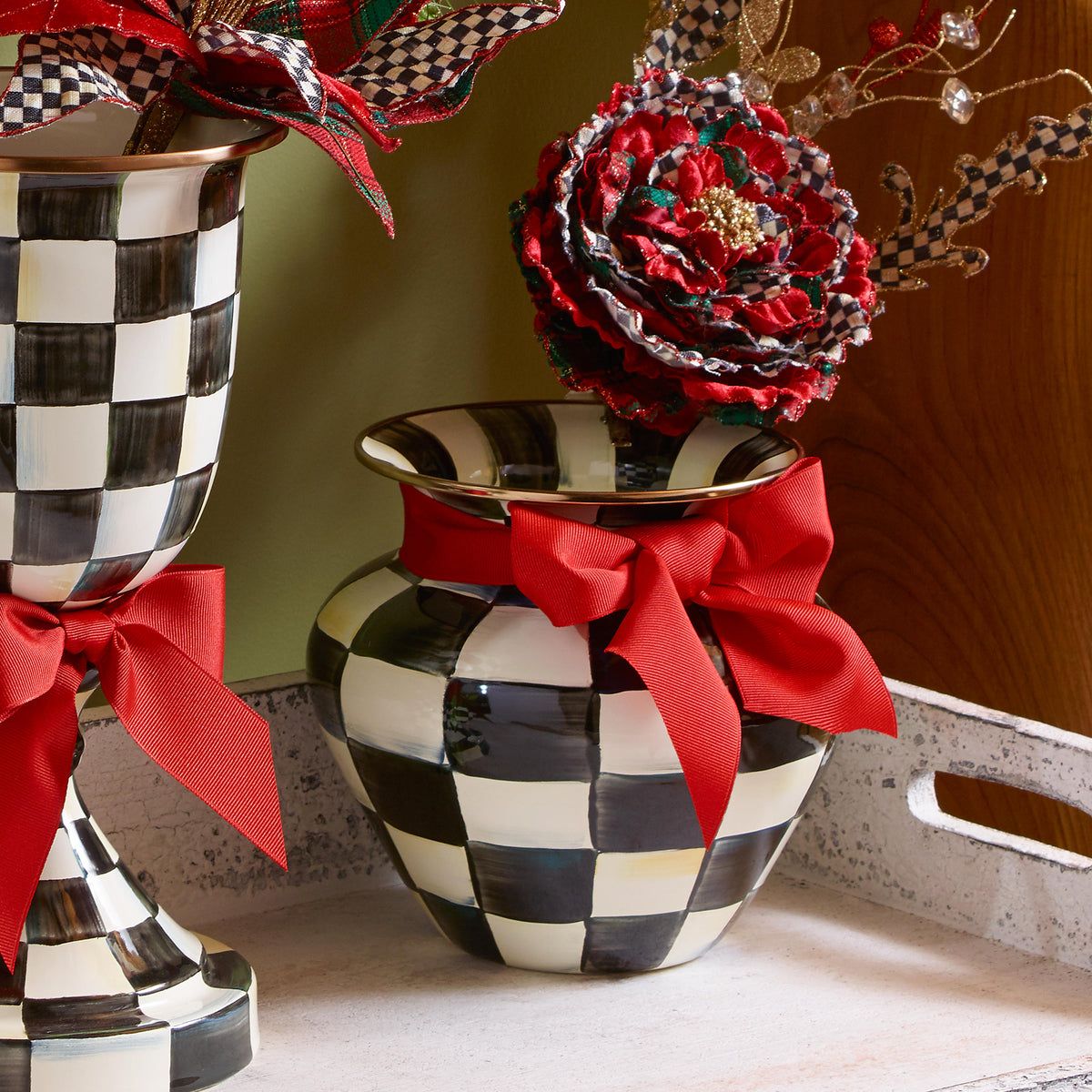 Courtly Check Enamel Large Vase - Red Bow