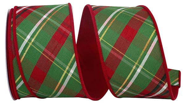 Plaid Dupioni Verde Diagonal Red Backed Wired Edge