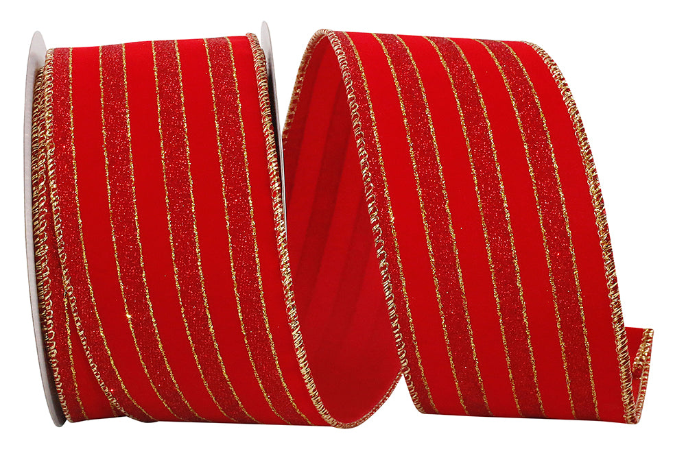 Glitter Stripe Velvet Wired Edge, Red