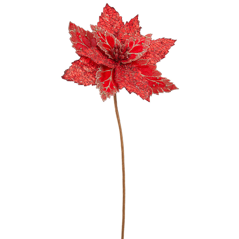 Glittered Sequin Poinsettia Stem - Red