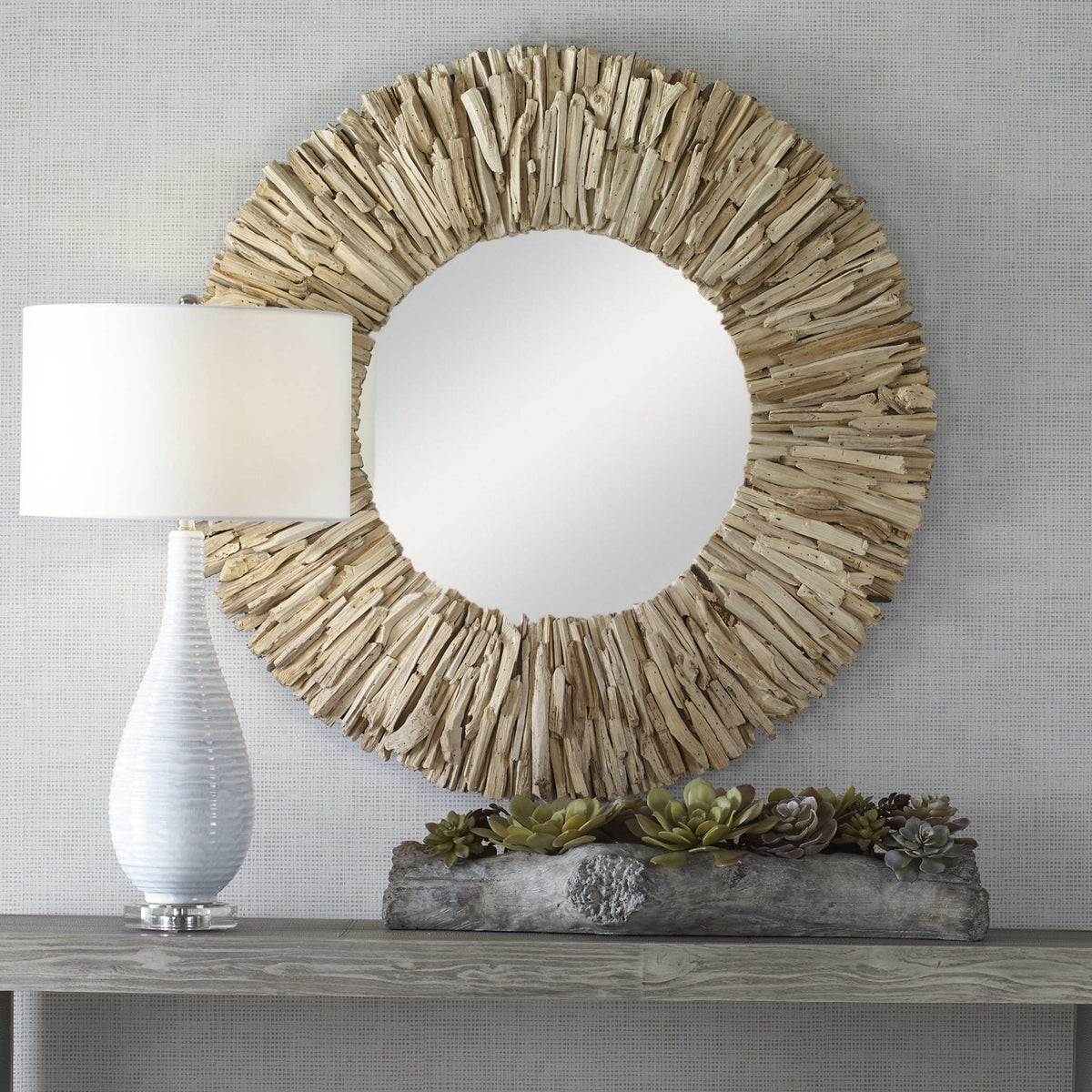 Teak Branch Round Mirror, Bleached