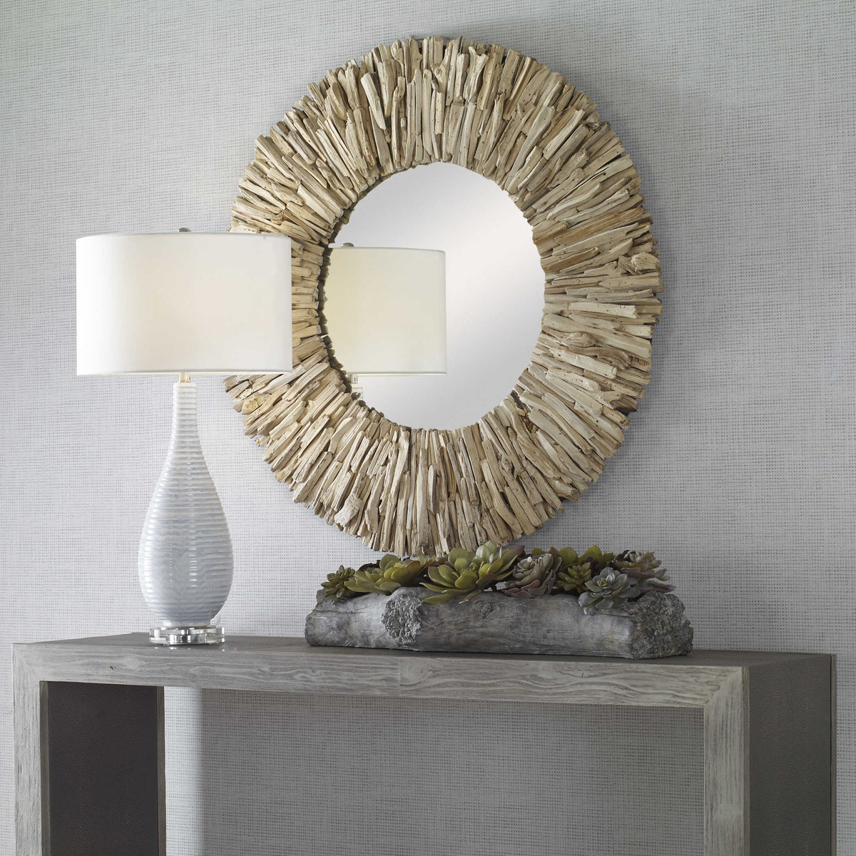 Teak Branch Round Mirror, Bleached