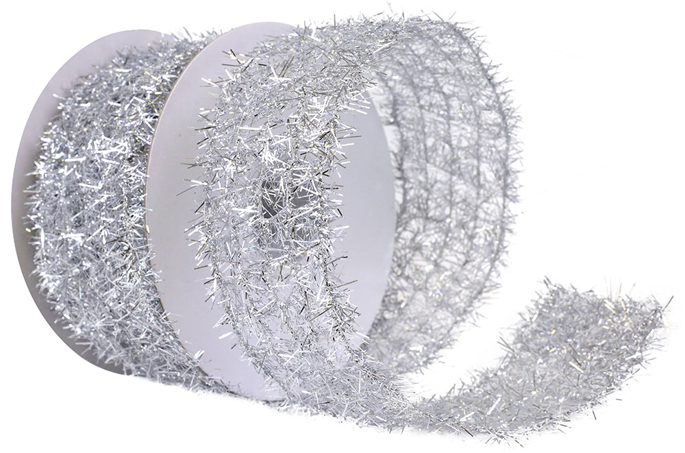 Tinsel Net Frizzette Wired Edge, Silver 10 Yards X2.5''