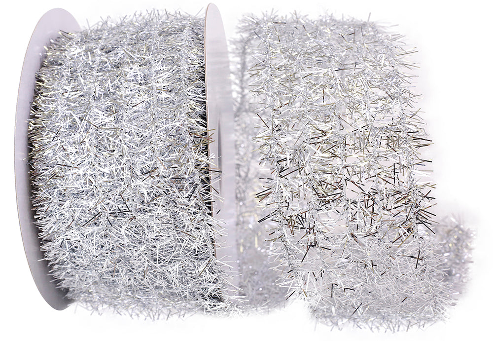 Tinsel Net Frizzette Wired Edge, Silver 10 Yards X2.5''