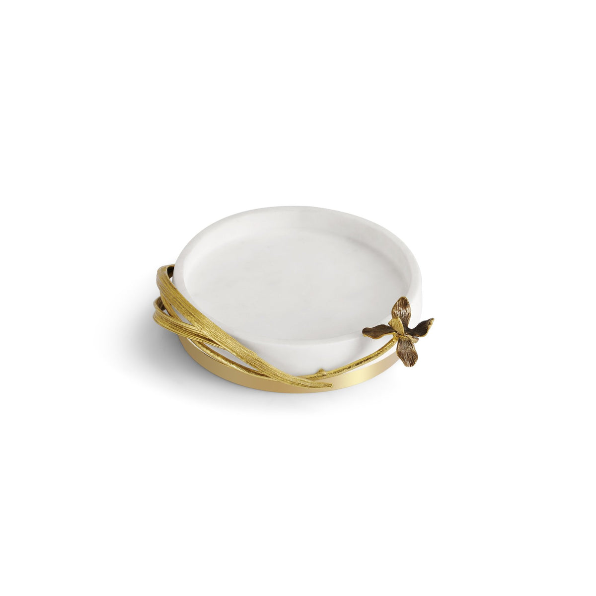 A white catch all, with a golden ring at the bottom, and a very delicate golden branch and a leaves around it. seeing from the top