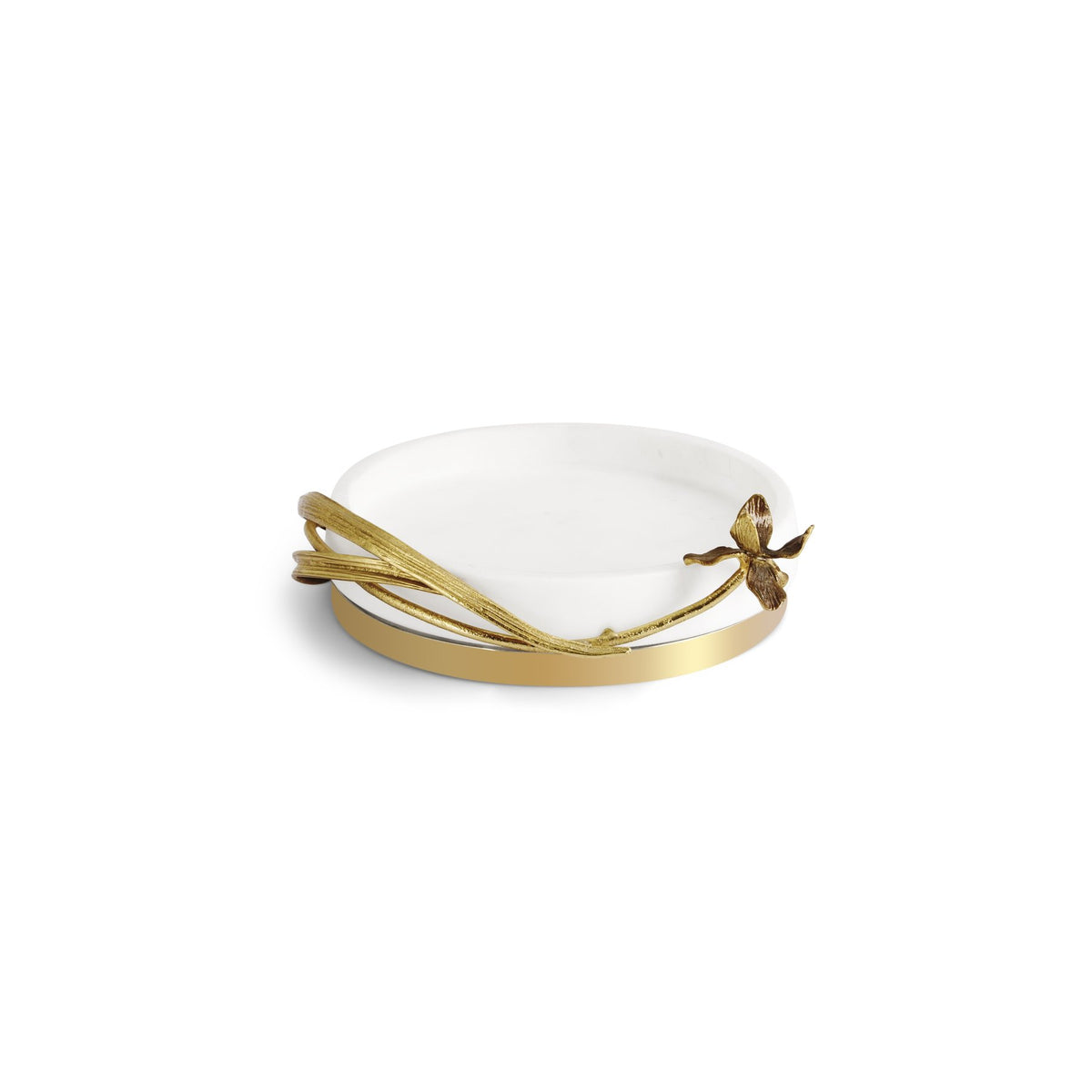 A white catch all, with a golden ring at the bottom, and a very delicate golden branch and a leaves around it. seeing from the front